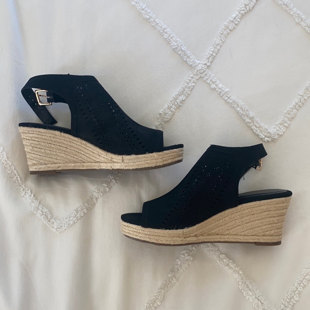 Black espadrille wedge heeled sandals